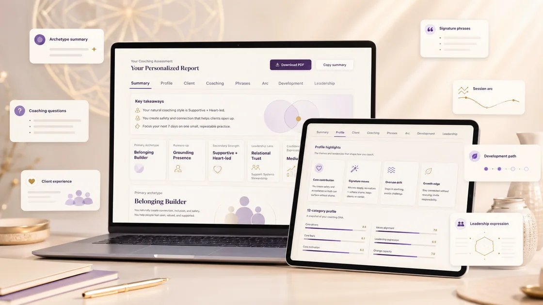 Radiant personalized coaching archetype report shown across devices