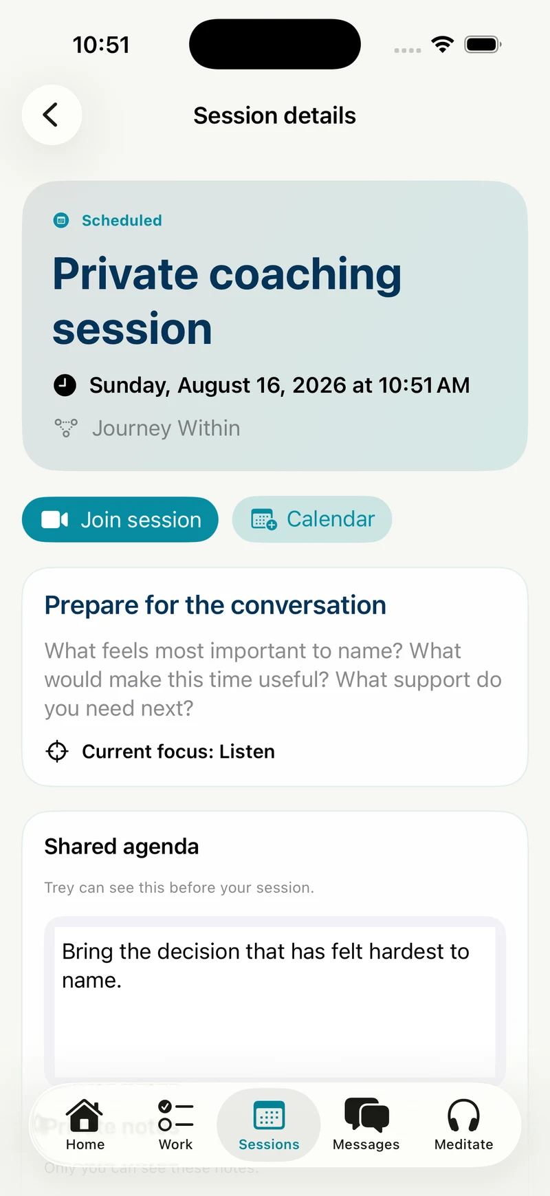 Trey Coach iPhone session preparation screen