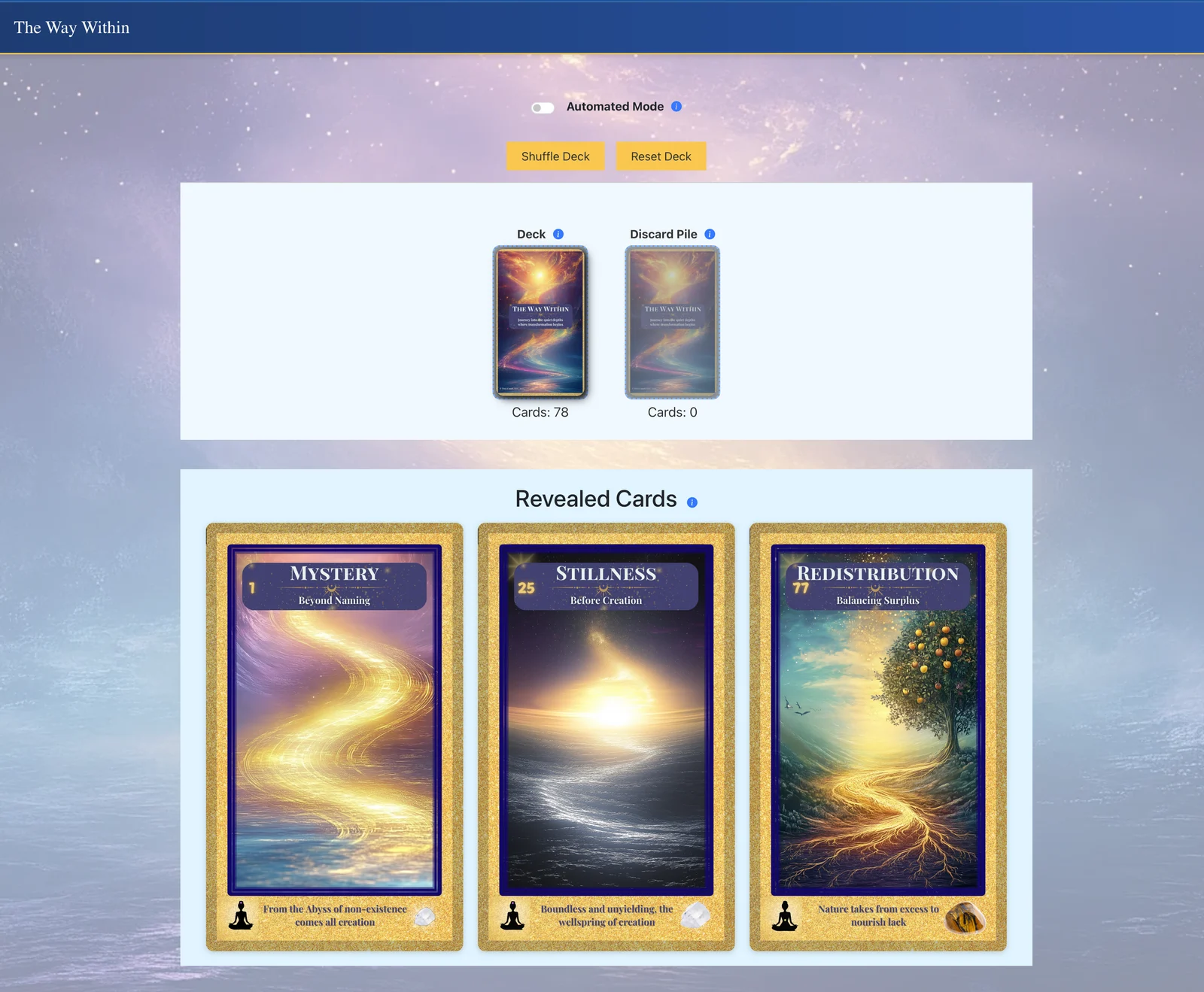 The original Way Within digital card draw interface